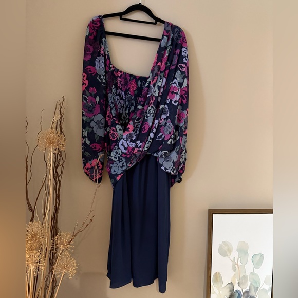 Addition Elle Navy and Pink Floral Long Sleeve Dress - Picture 3 of 6